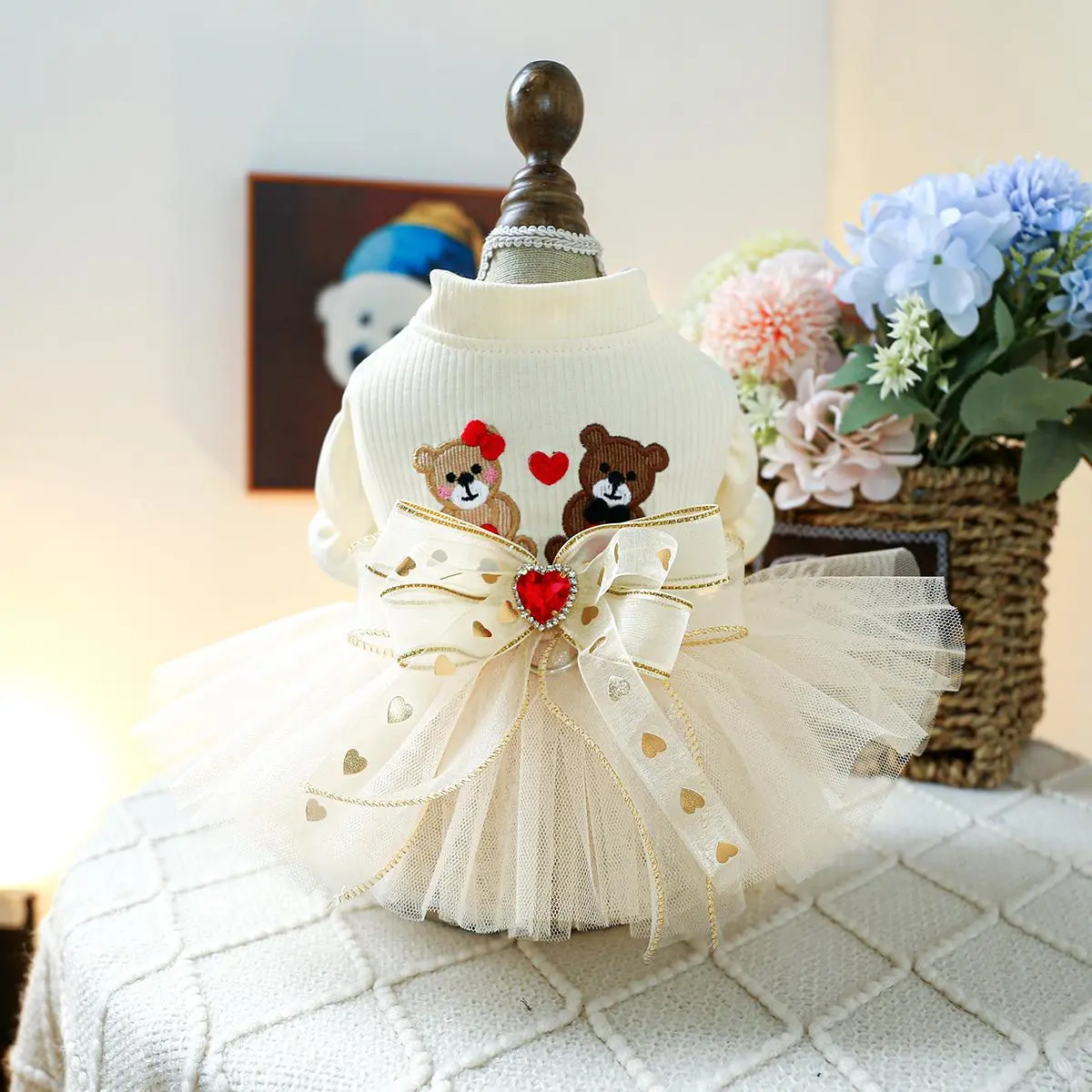 Pet Ruffled Tutu Dress - Cute Bear Pattern, Wedding Look, Velvet Fabric, Costume Wear for Small Dogs & Cats, Comfortable Cartoon Floral Design with Traction Feature Sparkly Furry Dog Christmas Dress Puppy Cat Red Dress