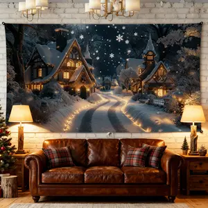 Winter Village Christmas Backdrop A-01 – Snowy Night Scene with Warm Lights | Cozy Holiday Wall Banner 2D Flat Peach Print Handcrafted Lightweight Design | Home Living Room Decoration 2025 | Trending TikTok Video Setup Ornaments