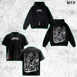 Vintage Black Washed TMNT T-Shirt, Front "Turtles" Logo & Side Weapon Flags + Back Full TMNT & Shredder Print, Oversized Unisex Tee for Retro Anime Fans & Street Style