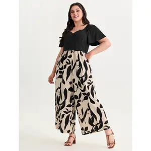 BLOOMCHIC Plus Size Spandex Jumpsuit - Large Floral Print, Color Contrast, Smooth Fabric, Sleeves, Pocket, Sizes, [M-6X]2026 Summer Vibes