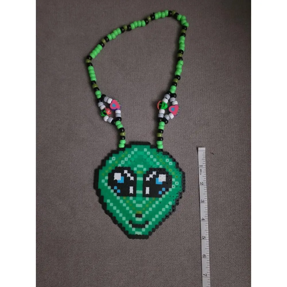 Green Alien Perler  Bead Necklace with Colorful Beads and Heart-shaped Pendant