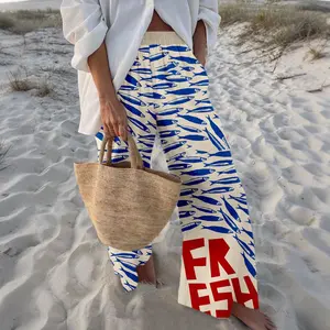 Women's nautical-style retro sardine print wide-leg pants, featuring a blue and white color-blocked design with red lettering, are loose and flowy, perfect for a stroll on the beach or a casual outing.