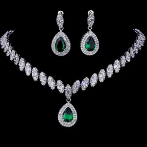Women's 2-Piece Silver-Plated Copper Artistic Bling Combo Emerald Stylish Geometric Luxury Teardrop Cubic Zirconia Jewelry Set - Bridal Necklace & Drop Earrings, Multi-Color, for Wedding & Bridesmaid Gift, Artistic Jewelry Sets, Bling Jewelry Sets