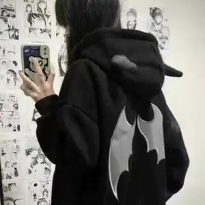 Y2K High Street Women??s Hoodie ?C Oversized Vintage Devil Horn Hoodie Jacket, Casual Autumn Winter Open Front Sweatshirt