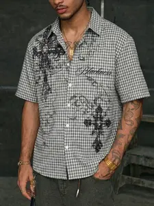 Men's Plaid Shirt Gothic Cross Letter Outdoor Vacation Picnic Party Fashion Streetwear Casual Comfortable Versatile Natural Style