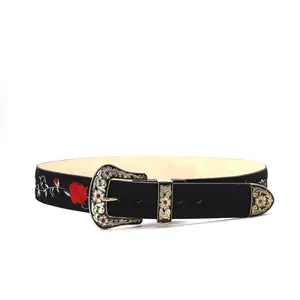 5380072601- Women's Vaquero Signature Leather Belts Rosas Nobuck Black