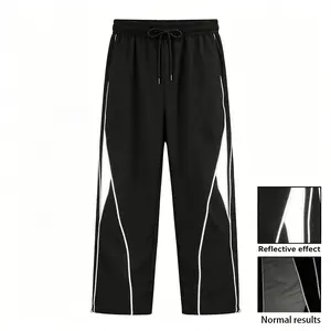 Men's Track Pants, Jogger Pants, Streetwear Pants, Athletic Pants，Black Track Pants, Reflective Stripe Pants, Elastic Waist Drawstring Pants, Wide Leg Pants，Reflective Trend, Techwear Track Pants, Y2K Streetwear, Nightlife Outfit