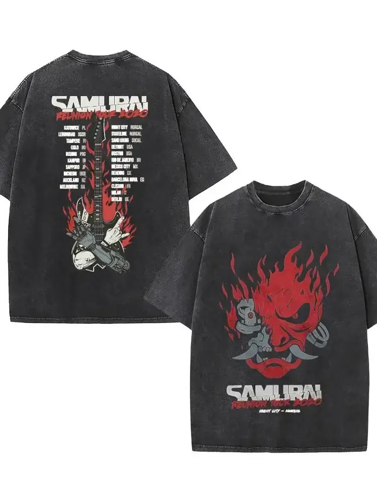 Cyberpunk Samurai Reunion Tour 2020 Vintage Washed Double Sided Oversized Rock Band Streetwear T-Shirt, Cyberpunk 2077 Phantom Liberty Vintage Washed Tee, Retro Futuristic Metal Streetwear, Unisex video Game Graphic clothes , Ideal Fan Gift