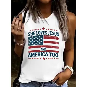 Patriotic 'She Loves Jesus and America Too' Women's Sleeveless Tank Top - Round Neck, White with American Flag Design, Lightweight Blend for Spring/Summer, Patriotic Clothing | Round Neck Top | Machine Washable