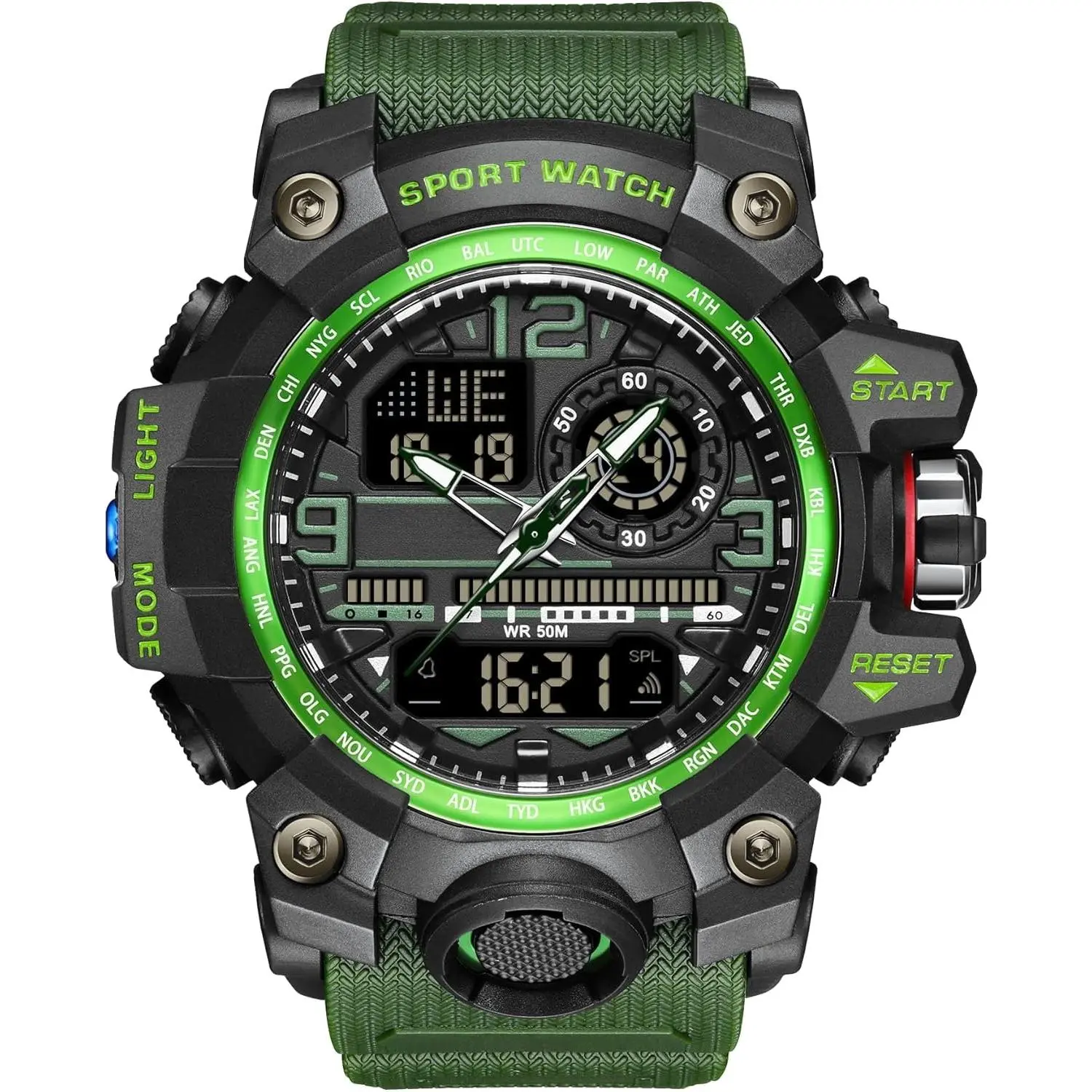 Men's Large Outdoor Waterproof Military Watch - Dual Timezone, Multi-Function, LED Face, Date, Alarm, Stopwatch, Resin Band