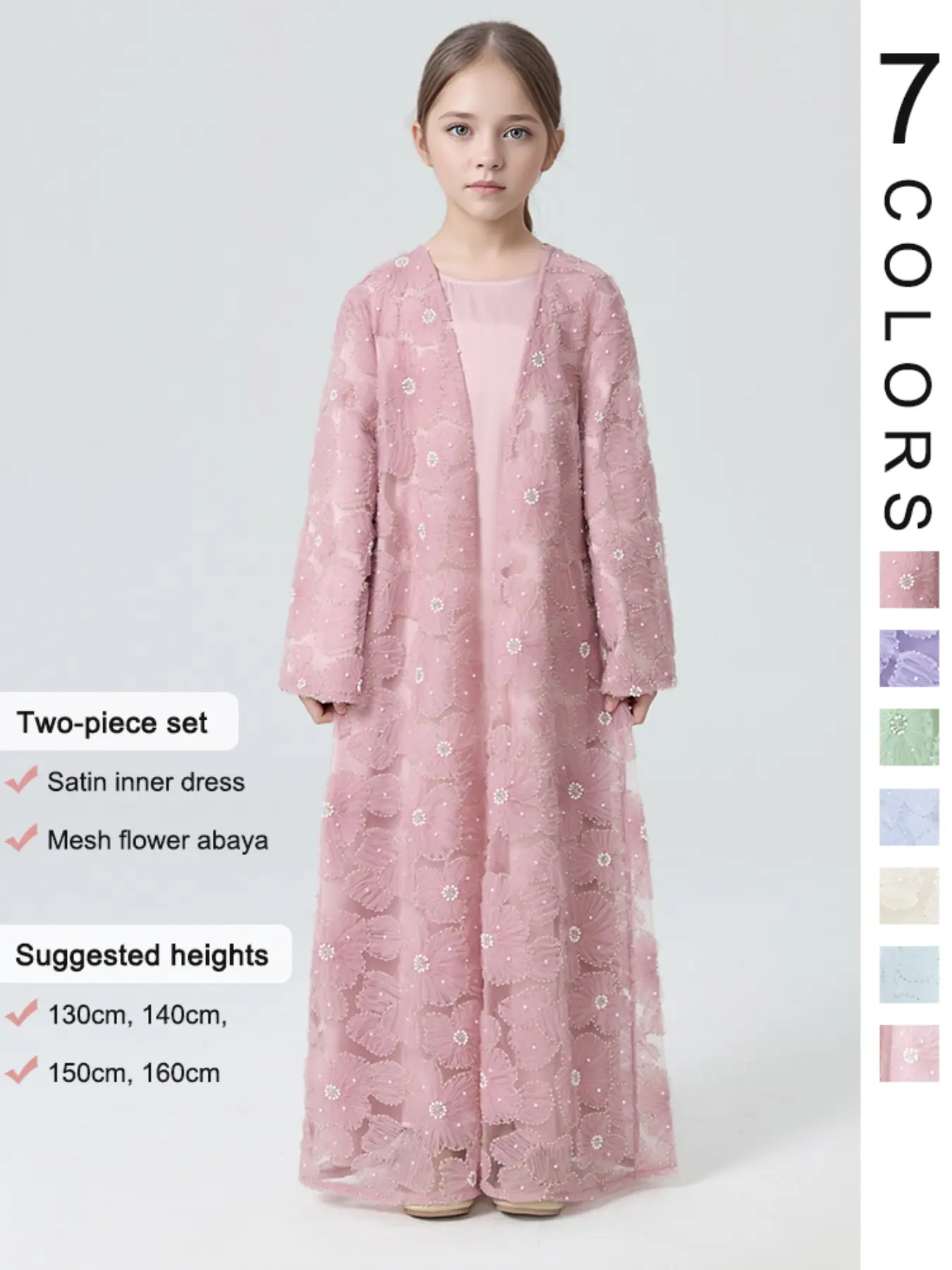 Middle Eastern Muslim Girl Modest 2-Piece Casual Loose-Fitting Satin Tunic Dress and Flower Beaded Abaya Set for All Seasons