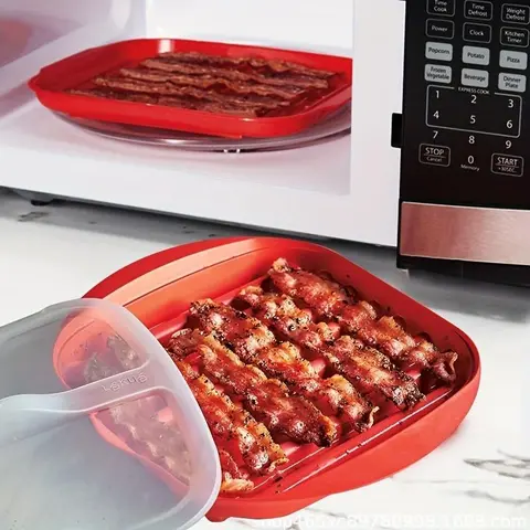Microwave Bacon Tray with Splatter Lid Feature, Quick Crispy Bacon Cooker, No Mess Bacon Grill Tray, Easy Microwave Use, Clean, Kitchen Grill Accessories