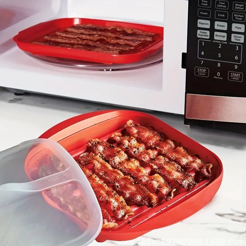Microwave Bacon Tray with Splatter Lid Feature, Quick Crispy Bacon Cooker, No Mess Bacon Grill Tray, Easy Microwave Use, Clean, Kitchen Grill Accessories