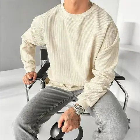 Men's corduroy crewneck sweater, spring and autumn pullover long-sleeve sports top casual versatile, retro striped texture, available in multiple colors.men's wear flash sale.