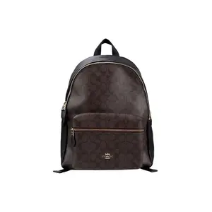 COACH Charlie 30 Classic Monogram Coated Canvas Backpack for Women, Large Size, Dark Brown