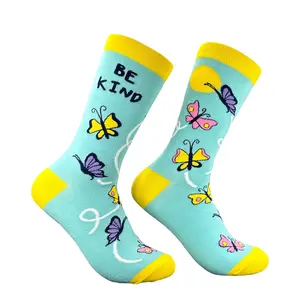 Women's Be Kind Socks Funny Beautiful Butterfly Graphic Novelty Footwear For Ladies Funny Graphic Socks Comfortable Fitted Spandex Cotton