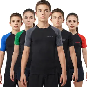 Exxact Sports Kids BJJ Rash Guard Short Sleeve, Ranked No Gi Jiu Jitsu Compression Shirt for Boys & Girls for MMA, Wrestling (Black/Grey)