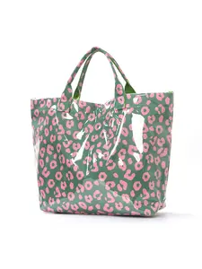 Green & Pink Leopard Print Glossy Tote Bag, Waterproof PVC Large Capacity Handbag, Retro Cool Shoulder Bag for Travel & Daily Use, Aesthetic Tote Bag for Women & Girls