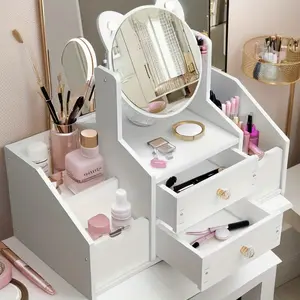 Stylish White Vanity Table with Large Storage Space, Practical Design & Aesthetic Cat-Ear Mirror for Bedroom Makeup & Organization