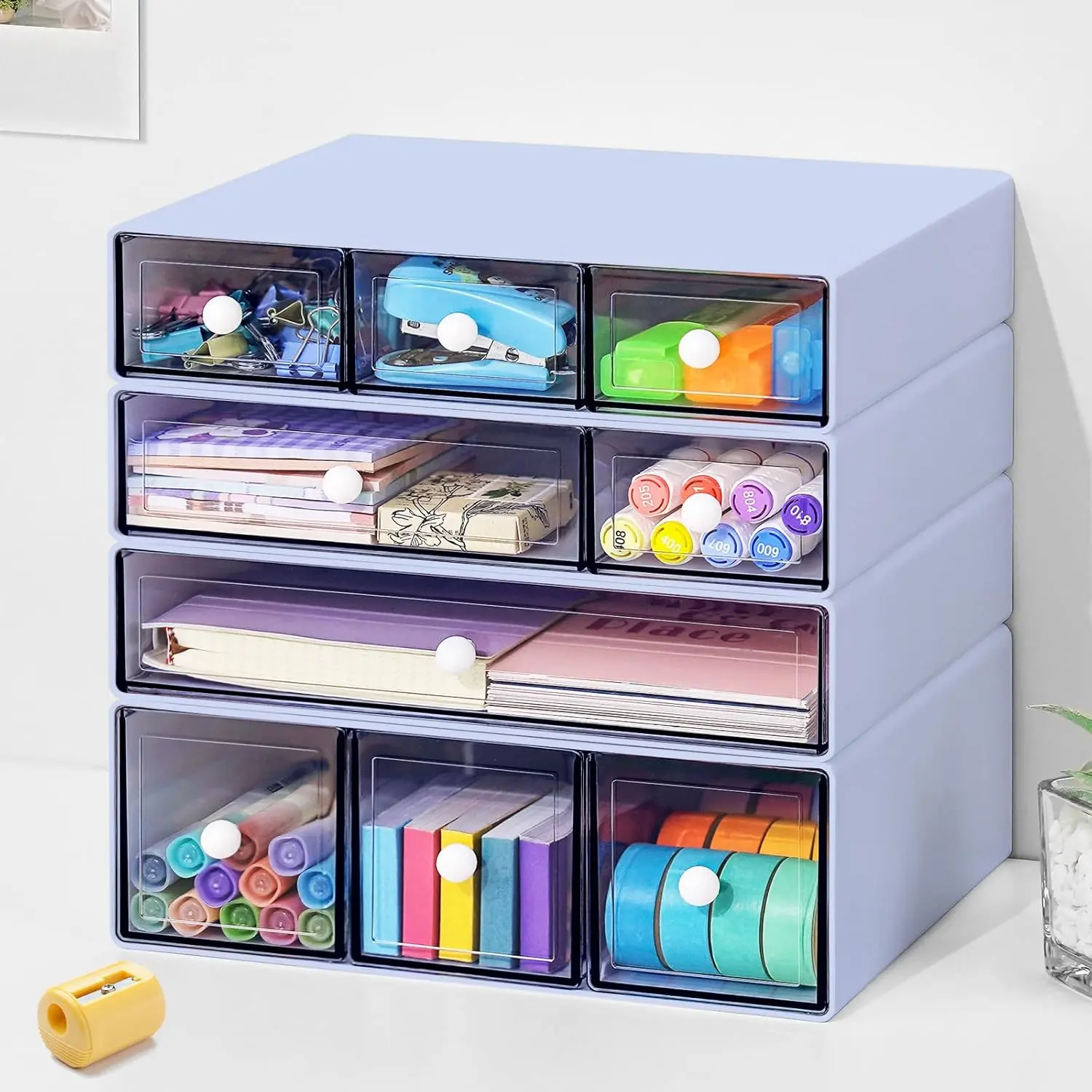 Desk Organizer with 9 Drawers, 4 Tier Plastic Stackable Storage Drawers for Desk Storage, Office Stationary Makeup Organizer Suit for , Office and School