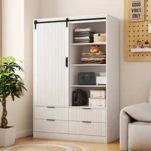 Tall Bedroom Armoire Wardrobe Closet Clothing Storage Cabinet with Hanging Rod Barn Door Drawers Open Shelves White