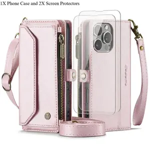3pcs [1 Phone Case with 2X Clear Screen Protectors] for iPhone 17/16/15/14 Pro Max Plus Pro Case, Crossbody with RFID Wristband, Removable Shoulder Strap, 7-10 Card Slots, Portable, Unisex Design