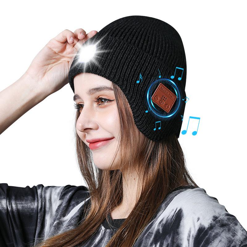 New USB Charging Light-Up Bluetooth Headphone Hat Outdoor Warm Knitted Ear Protection Hat Wireless Music Colorful Light Design Unisex Fashionable Casual Flashlight Hat for Christmas Holidays