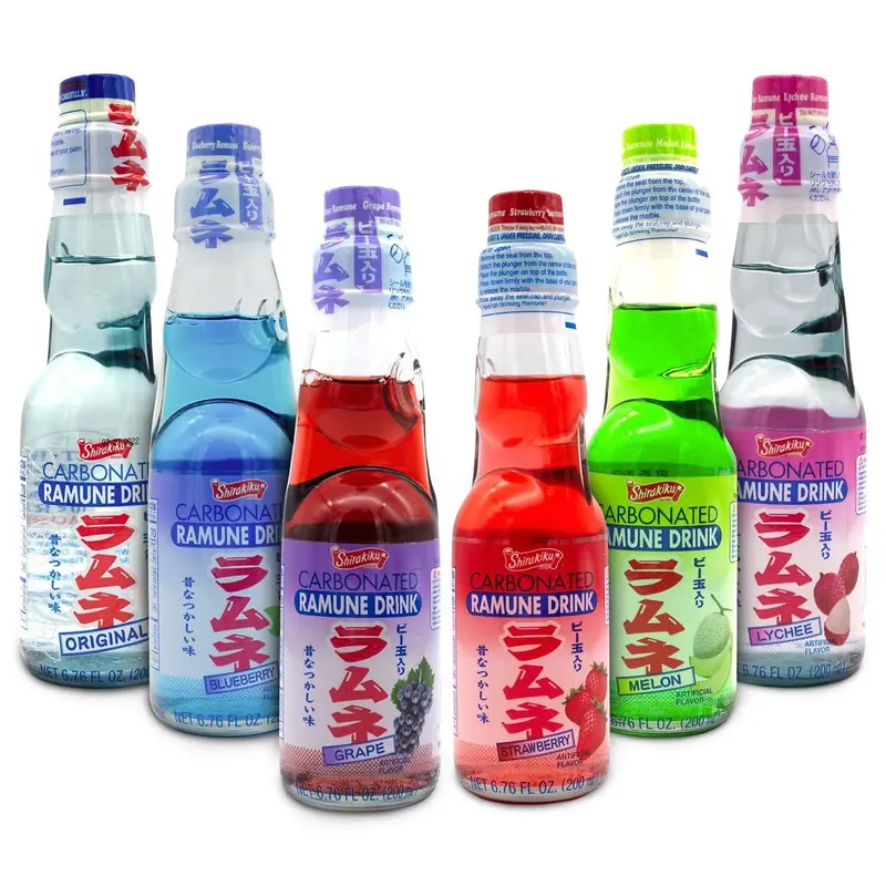 Shirakiku Ramune Japanese Soda Variety Pack - Pack of 6 Japanese Marble Soda Flavors Including Strawberry, Melon, Lychee, Grape & Blueberry - 6.76 fl oz Bottles - Beverage, Fruit