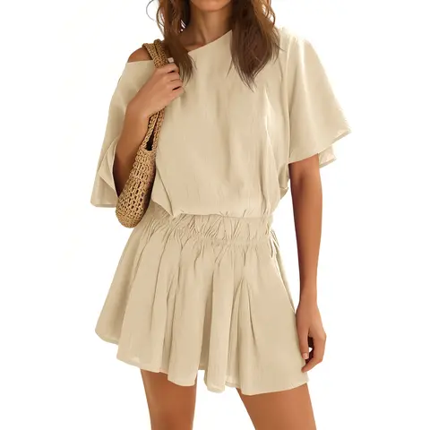 Yousify Women's Solid Off-the-Shoulder Shortsleeve Ruffle A-Line Batwing Dress - Loose, Cinched Waist, Above Knee Summer Mini Clothes, Ruffle Sleeve Casual Beach Skirt Dress