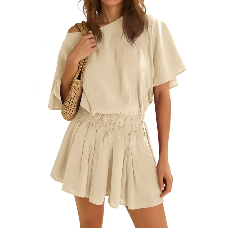Yousify Women's Solid Off-the-Shoulder Shortsleeve Ruffle A-Line Batwing Dress - Loose, Cinched Waist, Above Knee Summer Mini Clothes, Ruffle Sleeve Casual Beach Skirt Dress