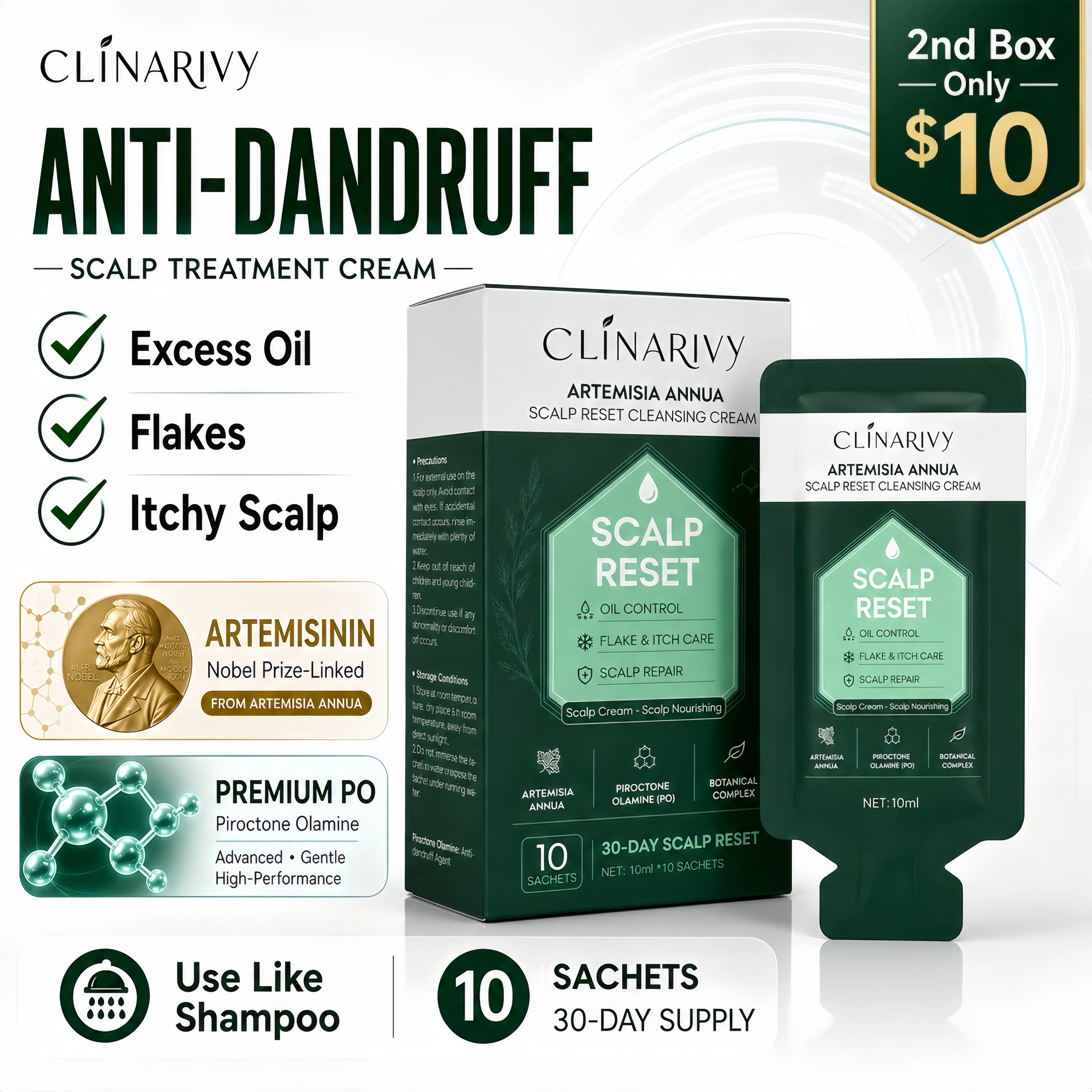 CLINARIVY Anti-Dandruff Scalp Treatment Cream, Artemisia Annua Scalp Reset Formula with Piroctone Olamine + Salicylic Acid, Helps Remove Buildup, Support Scalp Barrier & Restore Balance, Leaves Hair Smooth & Shiny