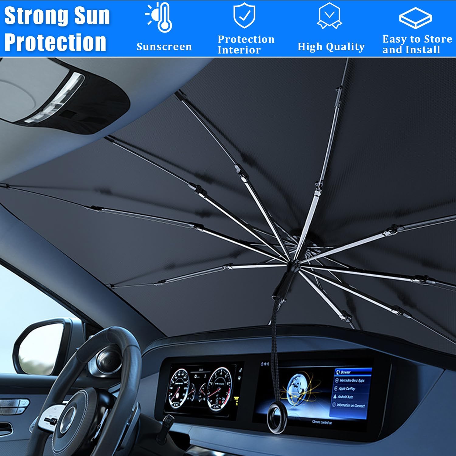 [Summervibes] 2026 Upgraded Car Windshield Sun Shade Umbrella with Pull Cord, Foldable Car Umbrella Sunshade with UV Block Car Front Window, Ten Strand Convex Umbrella Frame Retractable Sunscreen for Most Cars/SUV