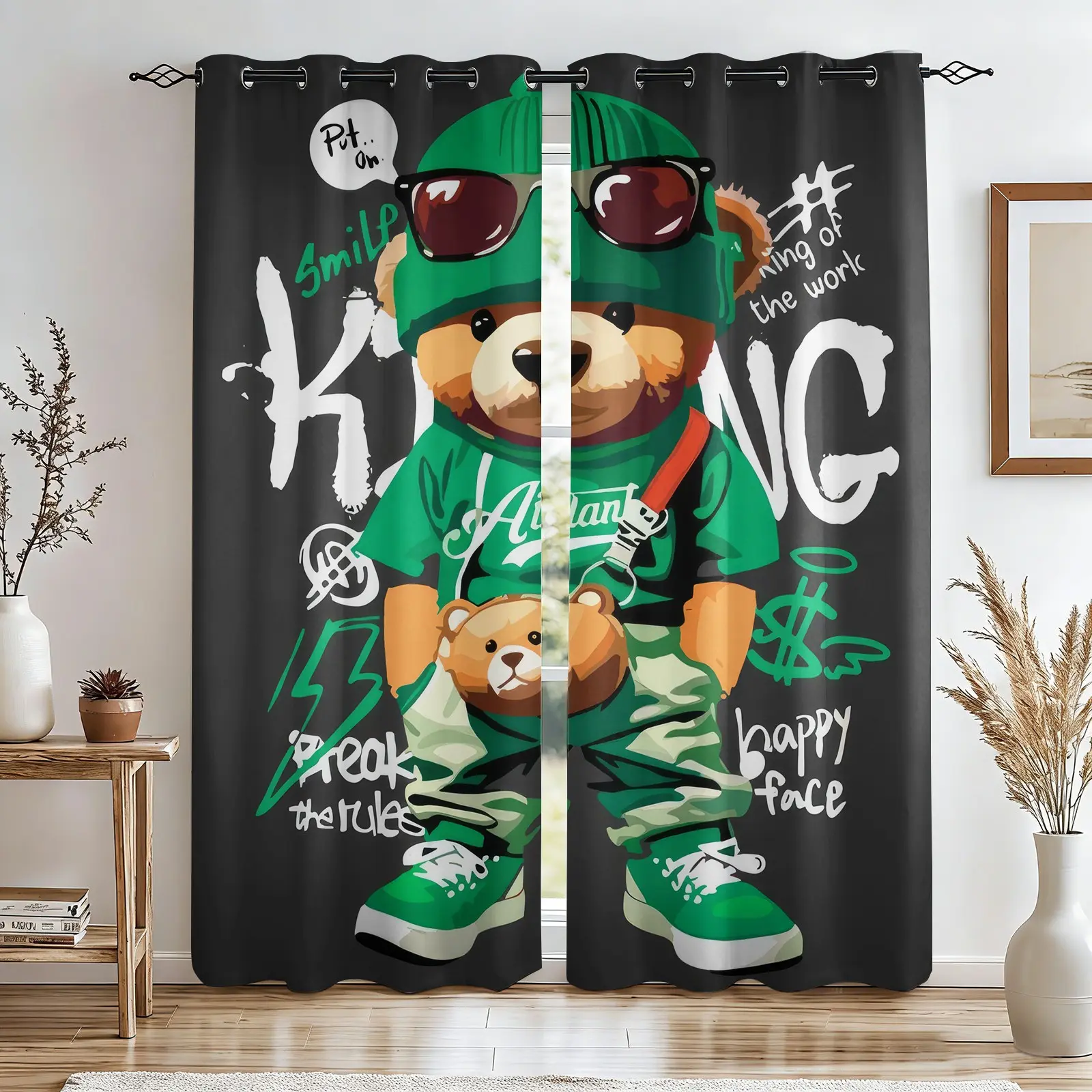2 Panels Hip Hop Teddy Bear Curtains, Cool Streetwear Printed Curtains, Darkening Decoration Curtains, Graffiti Style Curtains for Teen Boys Bedroom, Living Room, Dorm, Urban Room Decor, Window Curtains