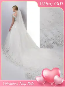 Shiny Lace Bridal Veil with Comb Cathedral Length Wedding Accessory for Outdoor Garden Lake Ceremony Trailing Veil