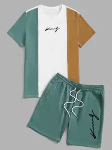 Men's 3D Letter King Patchwork Short Sleeve T-Shirt Matching Set, Casual Summer, All over Print, Regular Length, 2 Piece Pack