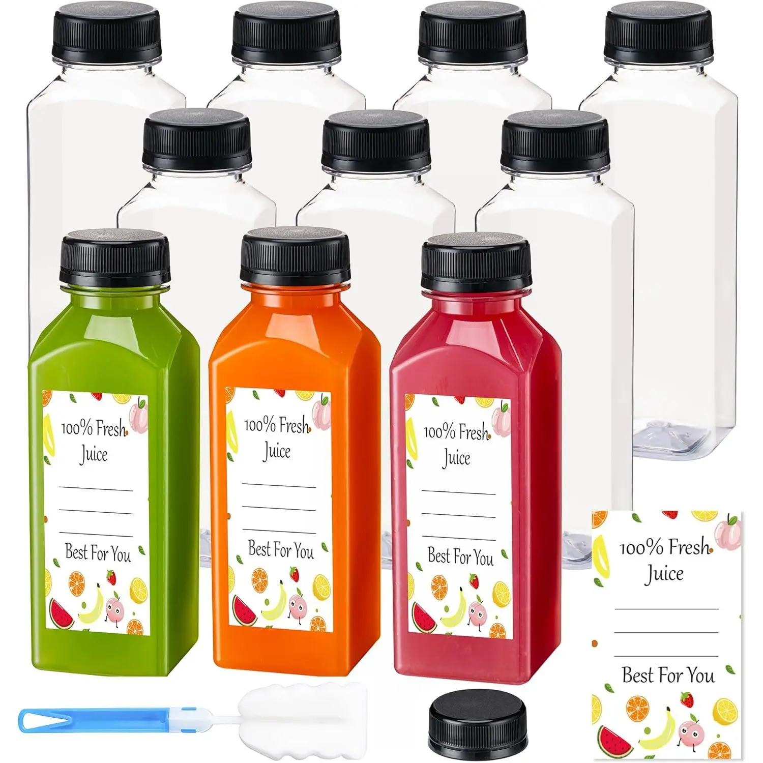 Juice Bottles with Caps 10Pcs 12oz, Plastic Bottleswith Caps, Clear Reusable Water Bottle, Used for Juicing Bottles, Smoothie Bottle, Juice Containers - with 10Pcs Labels & Bottle Brush