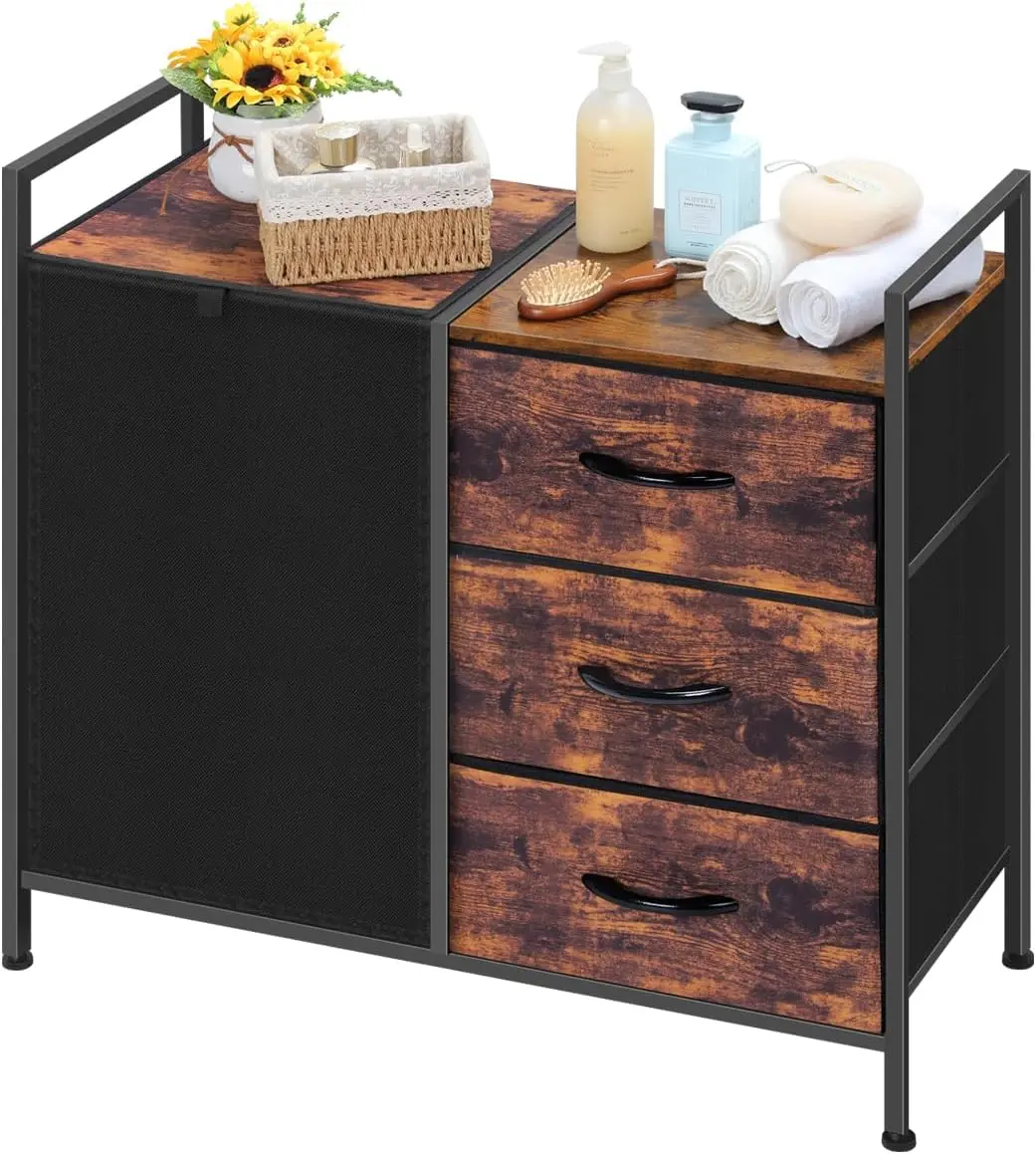 Rustic Brown Laundry Hamper with Shelves - 3-Tier Sliding Folding Storage Sorter for Bathroom Laundry Room Organization of Dirty Clothes, Towels, Toys