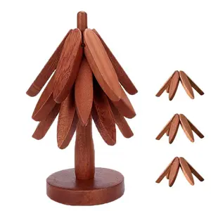 Oloey Natural Tree Trivet Set - 3 Wooden Trivets & 1 Stand - Heat-Resistant Foldable Design - Durable Solid Beech Wood - Ideal for Hot Dishes Pots Bowls Teapots - Handcrafted with PrideGift