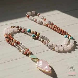 Sofia Crystal Beaded Necklace Rose Quartz Crystal Arrow Charm Necklace Gemstone Hand Knotted Necklace for Women Men Daily Use Christmas Gift, Xmas Gift