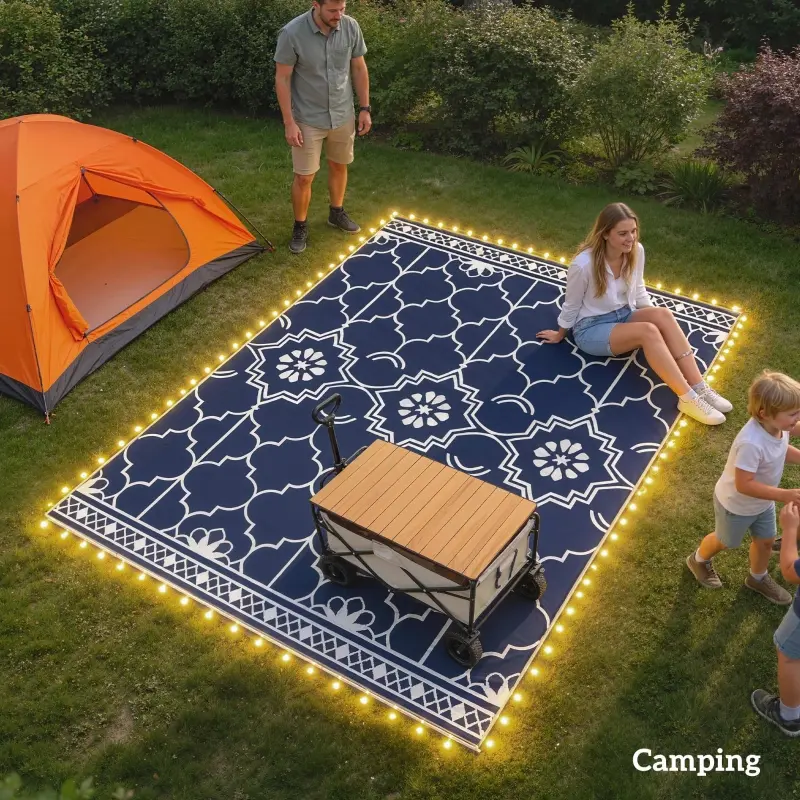 Reversible Outdoor Rug Carpet with LED Lights – 10' x 8' PP Straw Rug with Carry Bag & Ground Stakes. 37.5ft LED String Light. Reversible Design. Water-Resistant. UV Protection
