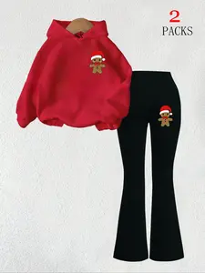 Women's Christmas Gingerbread Pattern Warm Sweatshirt Set, Slim Fit Comfortable Flare Pants, Casual Graphic Print Daily Wear