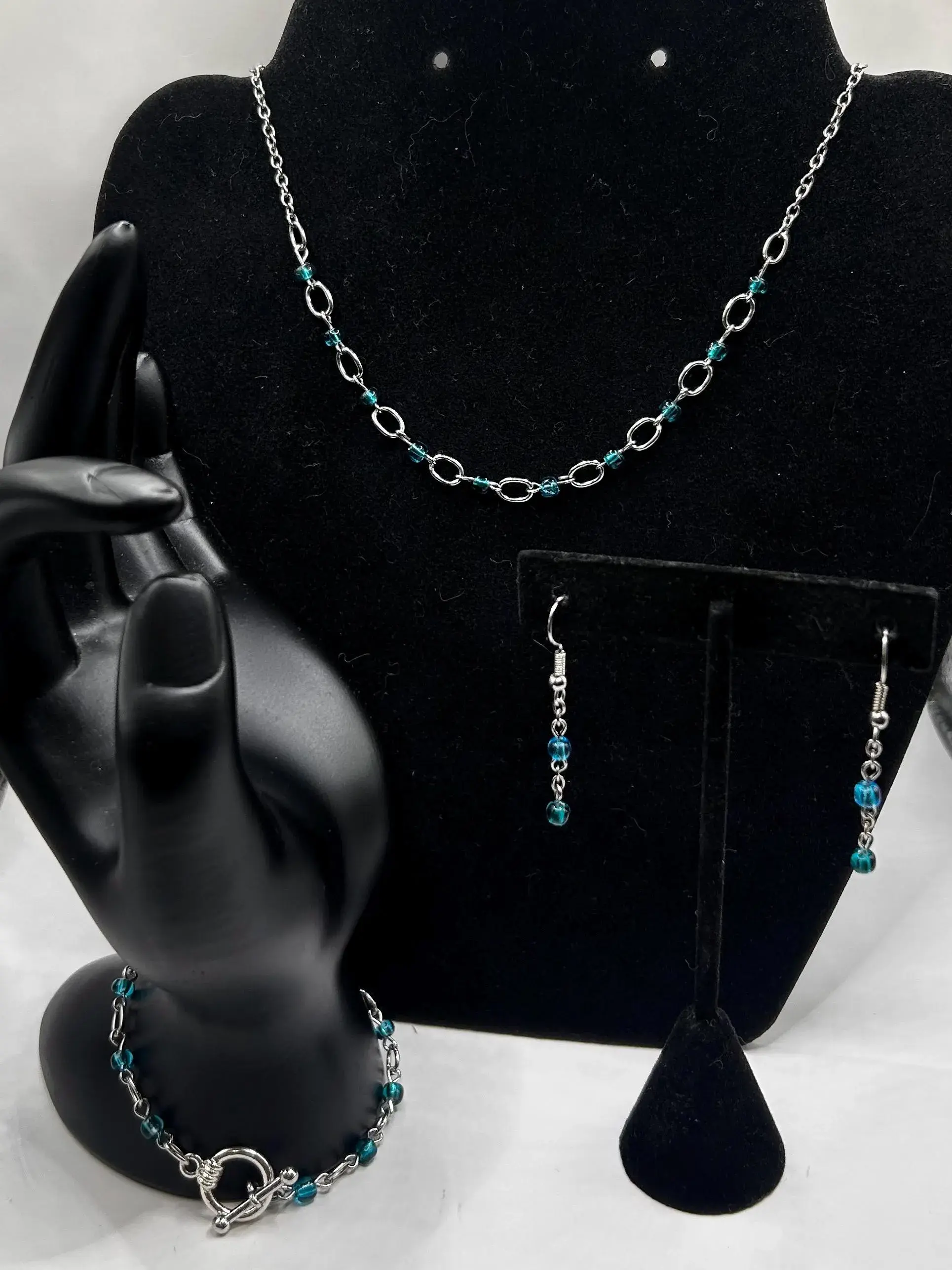 Teal Glass Bead Necklace, Silver Oval Link Chain, Minimalist Layering Jewelry