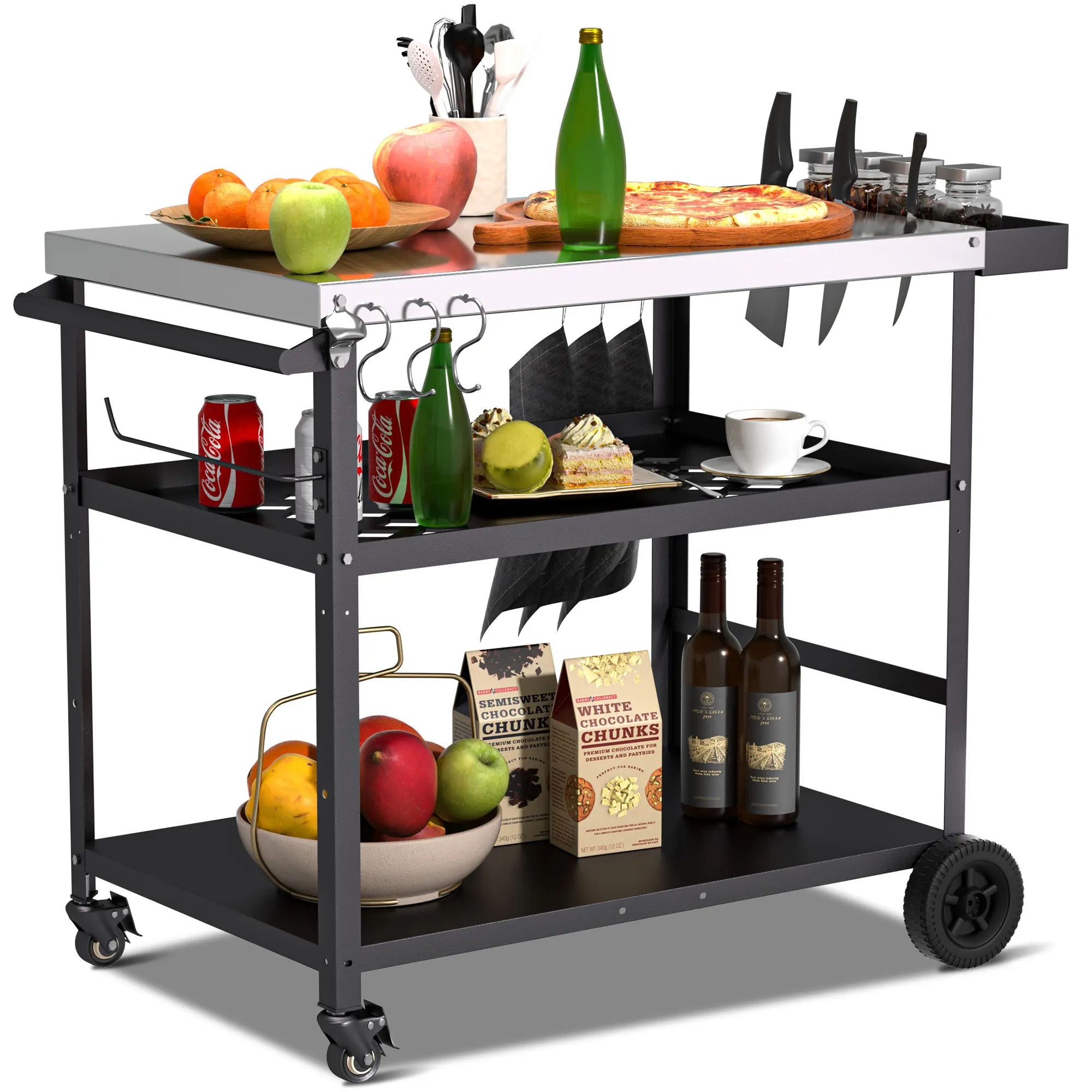 Homgava Outdoor Grill Cart with Pizza Oven Stand Table and Wheels, Movable Kitchen Cooking Prep Table, BBQ Cart with Mesh Racks for Home Party, Bar, Camping, Patio Dining Cart summergarden campingessentials
