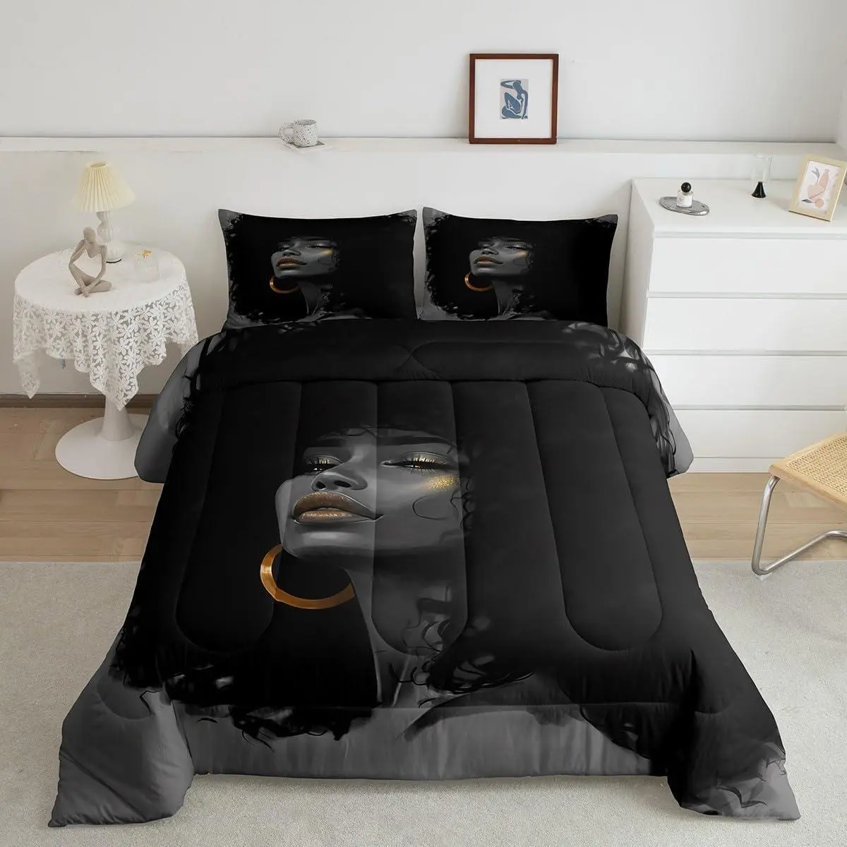 African Style American Woman Comforter Set,Afro Pretty Princess Bedding Set,Black Cute Quilt Set Room Decor Fashion Beauty Style Duvet Insert