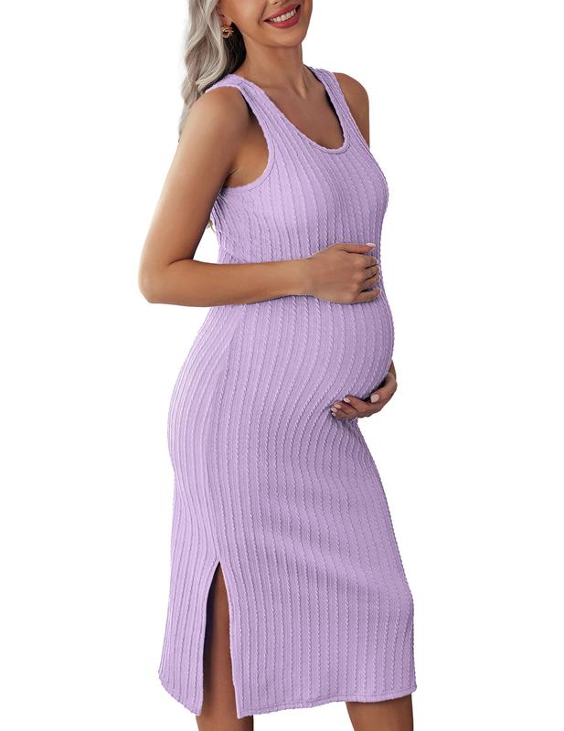 Ekouaer Women's Maternity Dress Rib Knit Sleeveless Tank Side Slit Bodycon Dresses Pregnancy Clothes S-XXL