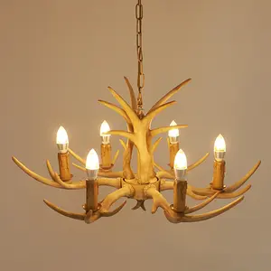 CNCEST Rustic Antler Chandelier 6-Light Resin Ceiling Fixture with Adjustable Chain Forest-Style Lighting for Living Room, Dining Room Décor(No bulbs)