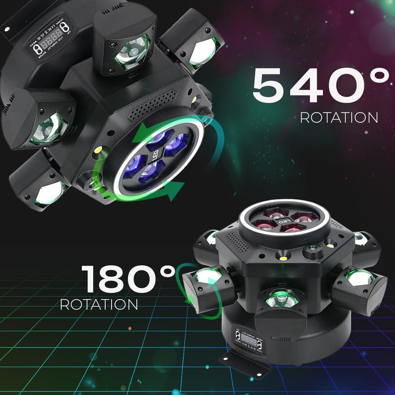Professional DJ Light 6-Arm 150W Moving Head RGBW Bee-Eye Beam with LED Halo Ring DMX512 26 Channel Laser Starry Sky White Amber Strobe Sound Activated for Events