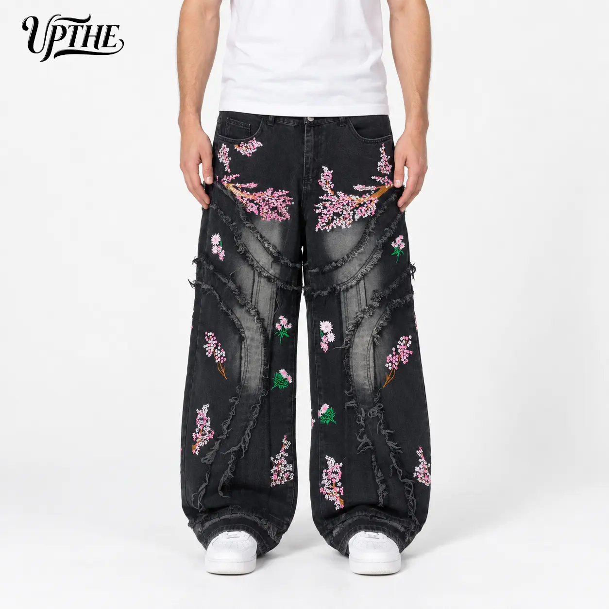 Men's UPTHE Y2K Floral Embroidered Heavy-Washed Denim Jeans, Raw Edge Patchwork Wide-Leg Pants with Pocket, All-Season Menswear Streetwear Loose Trousers