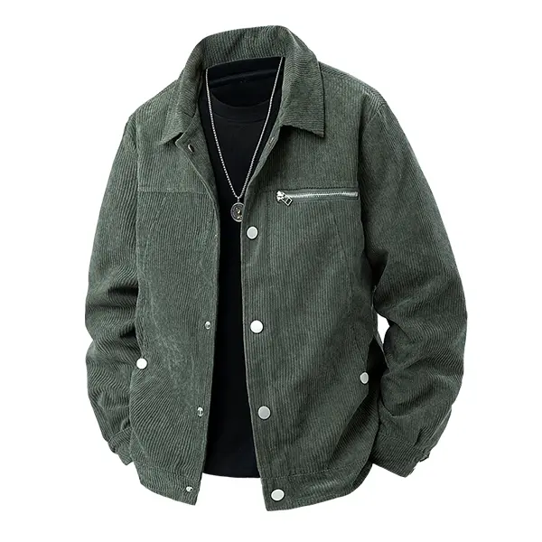 Men's Vintage Corduroy Button Down Jacket - Menswear Tops Coats, Plain Solid Color, Inner Pocket, Suitable for Casual Wear & Daily Activities