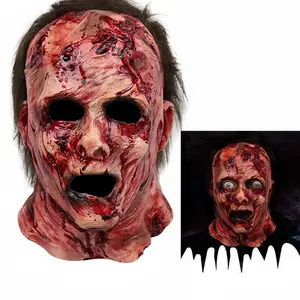 Horror mask, spooky and bloody Halloween costume party props, hand-painted 3D wounds and bloodstains, dark implanted hair, full head and neck coverage, suitable for Halloween haunted houses and escape rooms, short video shooting, one size fits adults